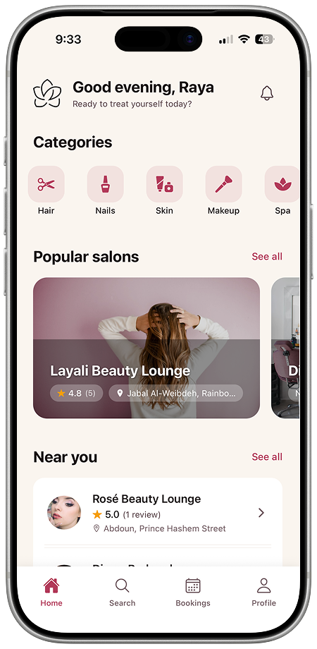 Lamsa home screen with salons near you